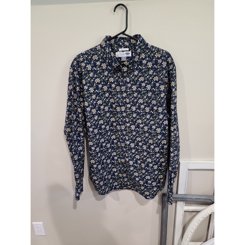 Old Navy Slim FIT Oxford Mens XL floral print button down shirt blue